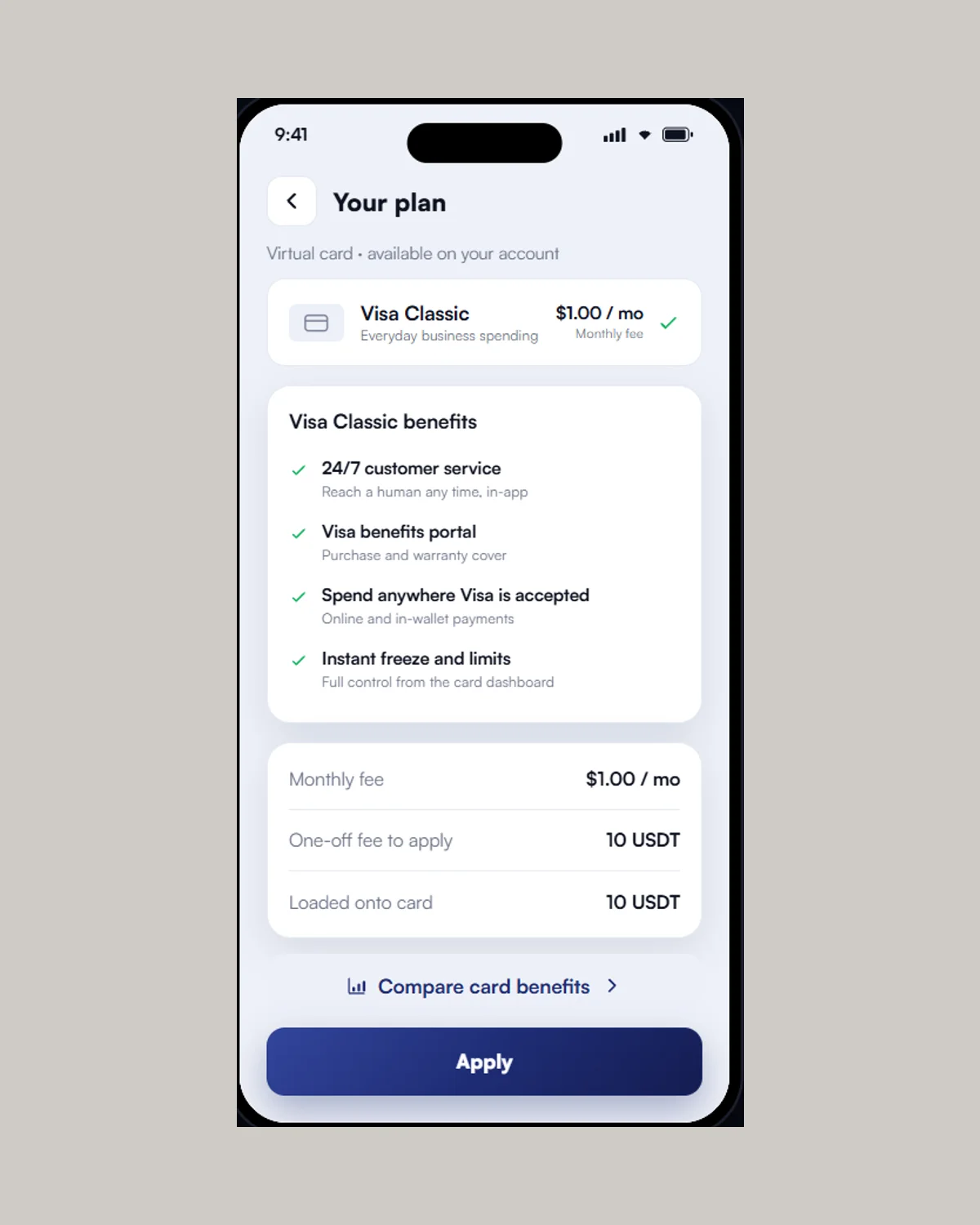 Xerovan app showing a Visa card linked to a crypto balance