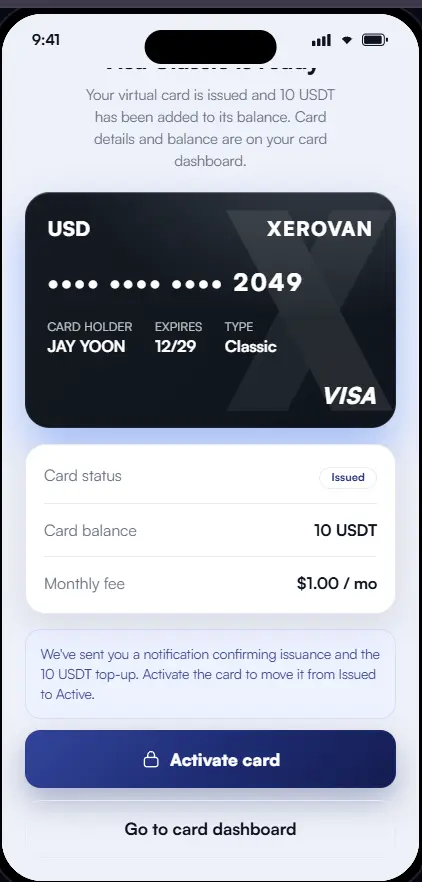 Xerovan virtual card issued