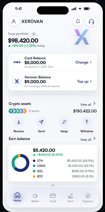 Xerovan home screen with total portfolio